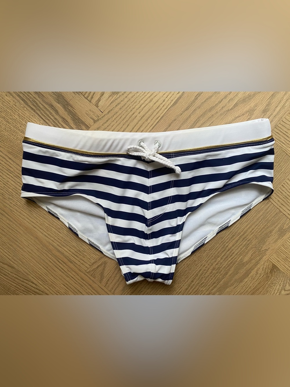 Rufskin Men's Navy and White Striped Swim Briefs with Rope Drawcord